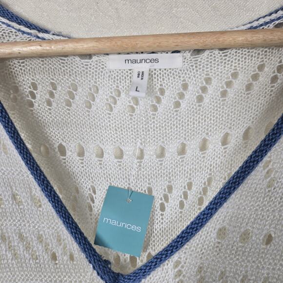 Maurices Open Work Knit Sweater sz L Ivory Blue Ruched Cinch Tie V Neck NEW - Picture 8 of 14